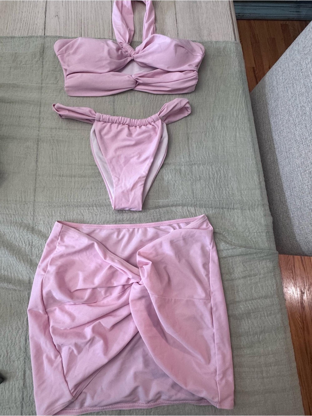 SHEIN Pink Twist Front Bikini Top High Cut Bottom and Skirt Set